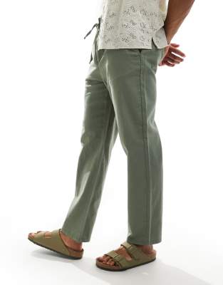 Only & Sons Loose Linen Mix Loose Fit Pants In Green