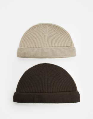 ONLY & SONS - Lot de 2 bonnets en maille style pêcheur - Marron et beige-Brown
