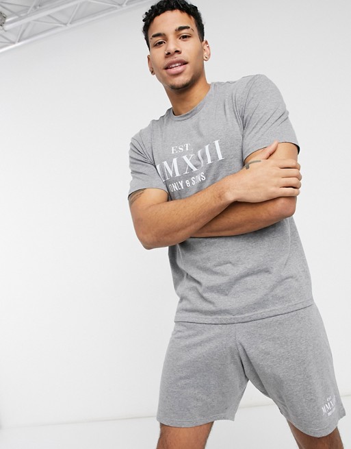 Only & Sons lounge oversized set shorts and t-shirt with graphic in grey