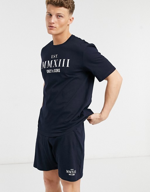 Only & Sons lounge oversized set shorts and t-shirt with graphic in navy
