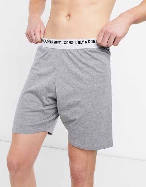 Only & Sons lounge plain shorts with branded waistband in grey