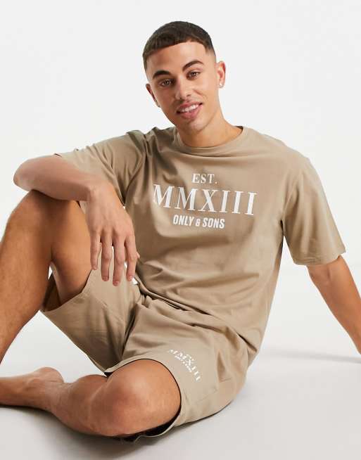 Only Sons loungewear t shirt and short set in beige ASOS