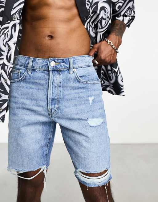 Only & Sons - Løstsiddende denimshorts med slidt finish i lys vask  , 3 af 4