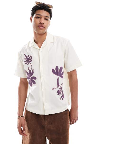 ONLY & SONS loose fit embroidered shirt in off white