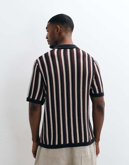 ONLY & SONS luźny polo z szydełkowanej dzianiny w brązowy pasek, 3 z 5
