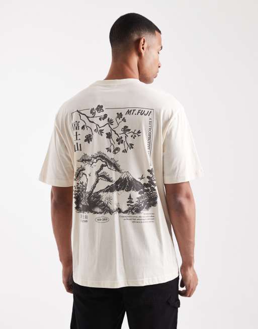 ONLY & SONS – Luźny T-shirt w kolorze złamanej bieli z nadrukiem góry Fiji na plecach