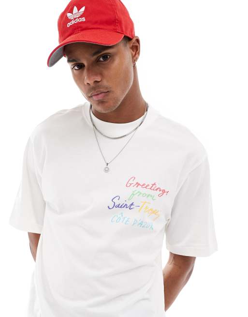 Only & Sons – Luźny T-shirt w kolorze złamanej bieli z nadrukiem Saint Tropez na kieszeni
