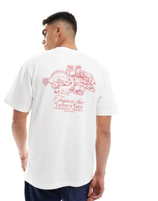 Only & Sons – Luźny T-shirt w kolorze złamanej bieli z nadrukiem z motywem Toujours Frais na plecach