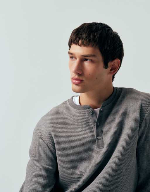 ONLY & SONS - Lysegrå henley-T-shirt med lange ærmer i vaffelstrik, 3 af 5