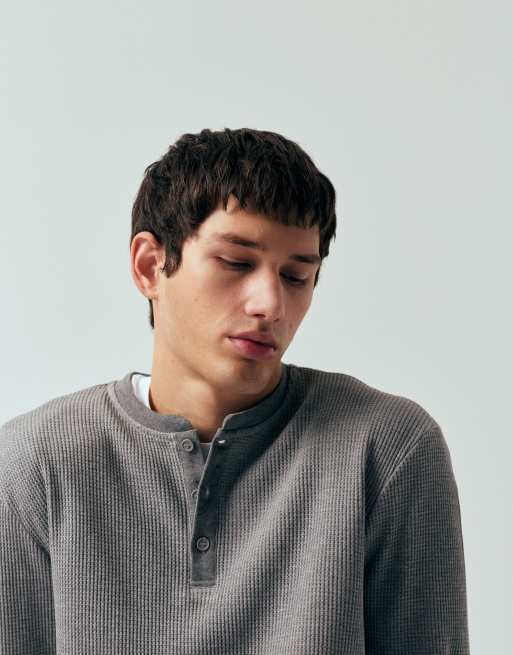 ONLY & SONS - Lysegrå henley-T-shirt med lange ærmer i vaffelstrik, 5 af 5