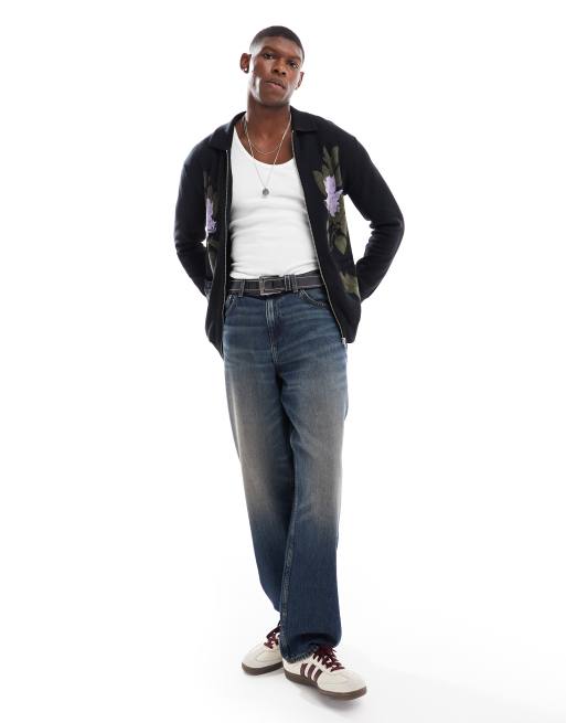 ONLY SONS Maglia nera con zip e ricamo floreale ASOS