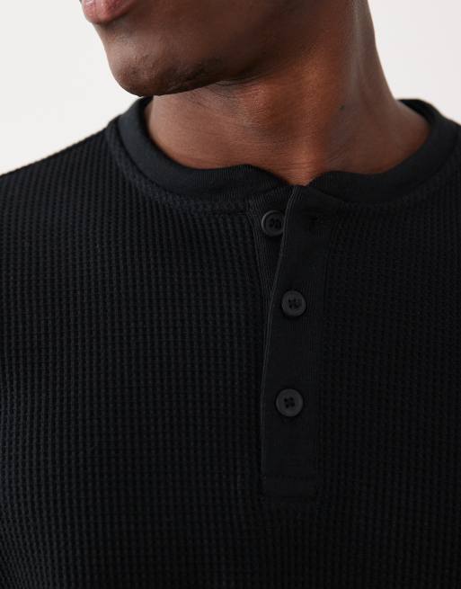 ONLY & SONS - Maglietta a maniche lunghe in piqué nera con collo serafino, 5 di 5