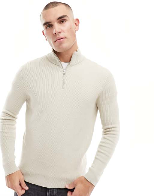 Only & Sons - Maglione color pietra a coste con zip corta