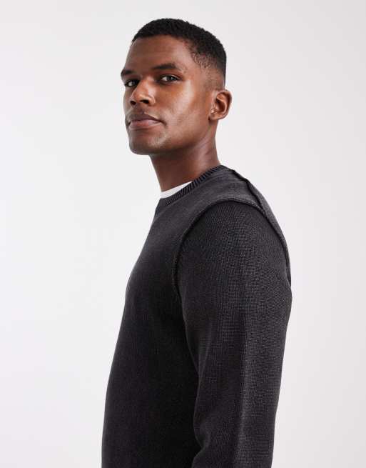 ONLY & SONS - Maglione girocollo nero slavato con cuciture a vista, 3 di 5