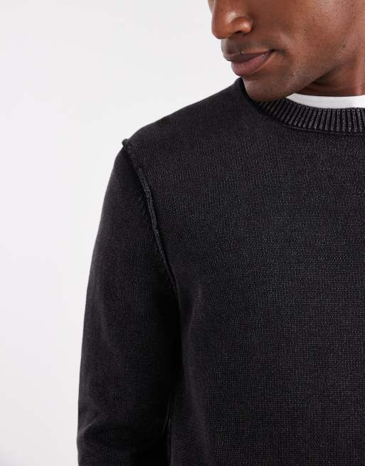 ONLY & SONS - Maglione girocollo nero slavato con cuciture a vista, 5 di 5