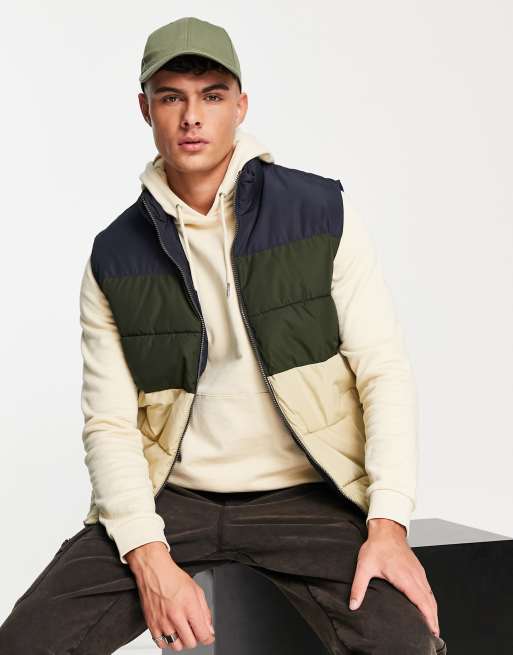 Only & Sons – Marinblå, blockfärgad väst i kraftigt, quiltat material
