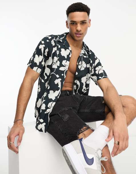 Only & Sons – Marinblå, blommig skjorta med platt krage - view 1