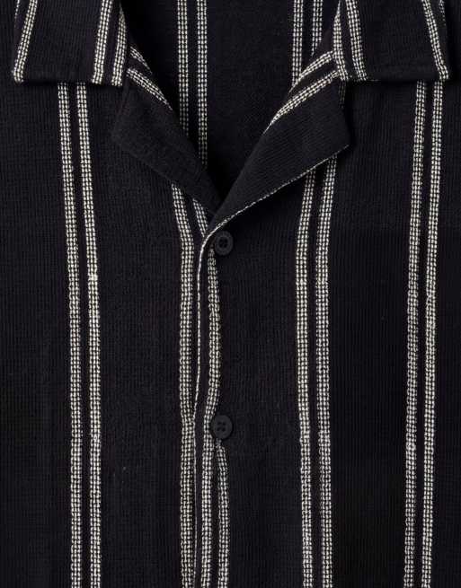 ONLY & SONS – Marinblå, randig skjorta med platt krage och textur, 9 av 9