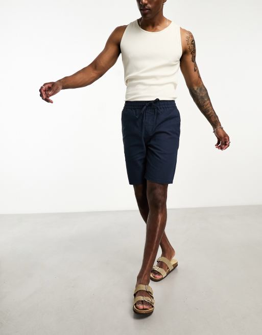 ONLY & SONS – Marinblå shorts i linnemix med knytning i midjan, 4 av 4