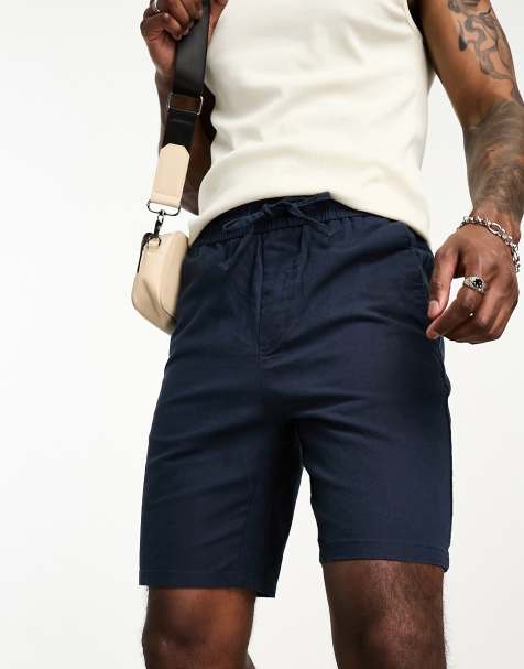 Only & Sons – Marinblå shorts i linnemix med resårmidja - view 1