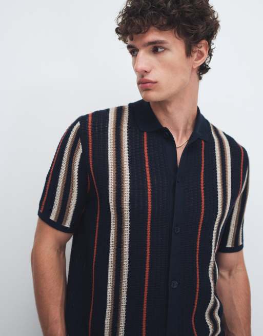 ONLY & SONS – Marinblå, stickad skjorta med orange och gräddvita ränder, 3 av 7