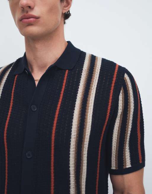 ONLY & SONS – Marinblå, stickad skjorta med orange och gräddvita ränder, 4 av 7