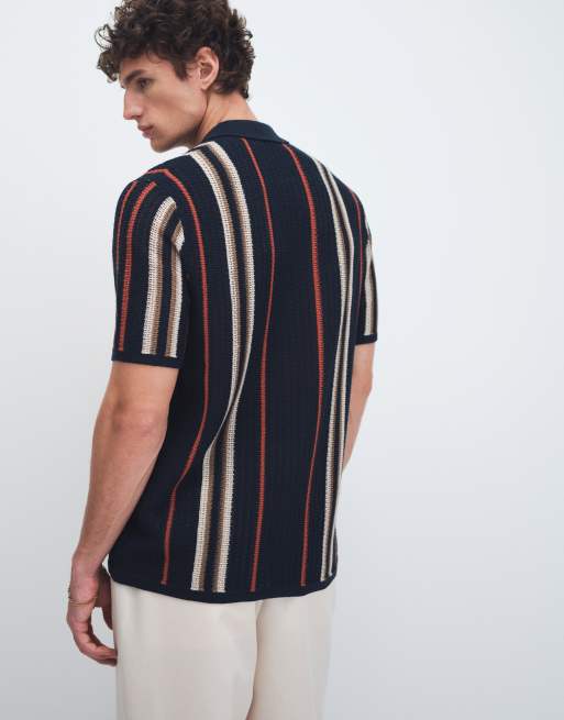 ONLY & SONS – Marinblå, stickad skjorta med orange och gräddvita ränder, 5 av 7