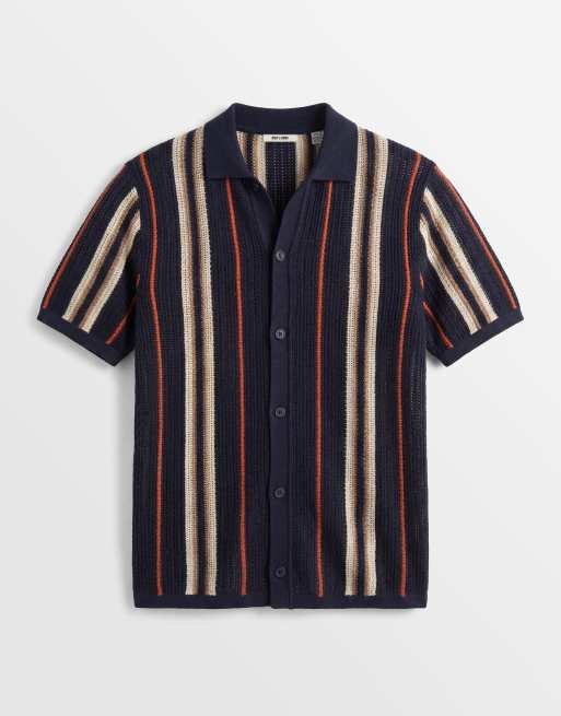 ONLY & SONS – Marinblå, stickad skjorta med orange och gräddvita ränder, 6 av 7