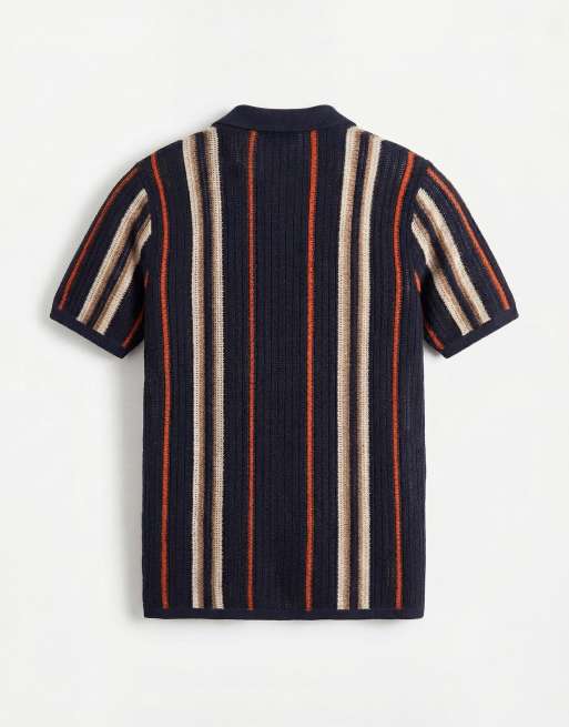 ONLY & SONS – Marinblå, stickad skjorta med orange och gräddvita ränder, 7 av 7
