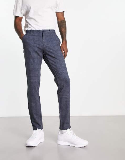 Only & Sons – Marinblårutiga, smala byxor av jersey - view 1