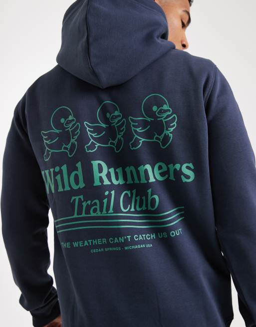 ONLY & SONS - Marineblå hættetrøje med 'Trail Club'-print på ryggen, 5 af 5