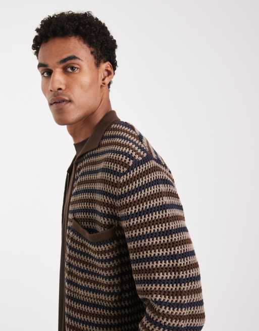 ONLY & SONS - Marineblå og brunstribet striktrøje i hæklet materiale med lynlås og lomme, 3 af 5