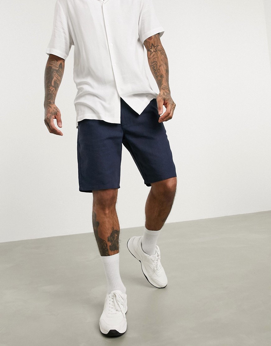 Only & Sons - marineblå shorts i hørblanding