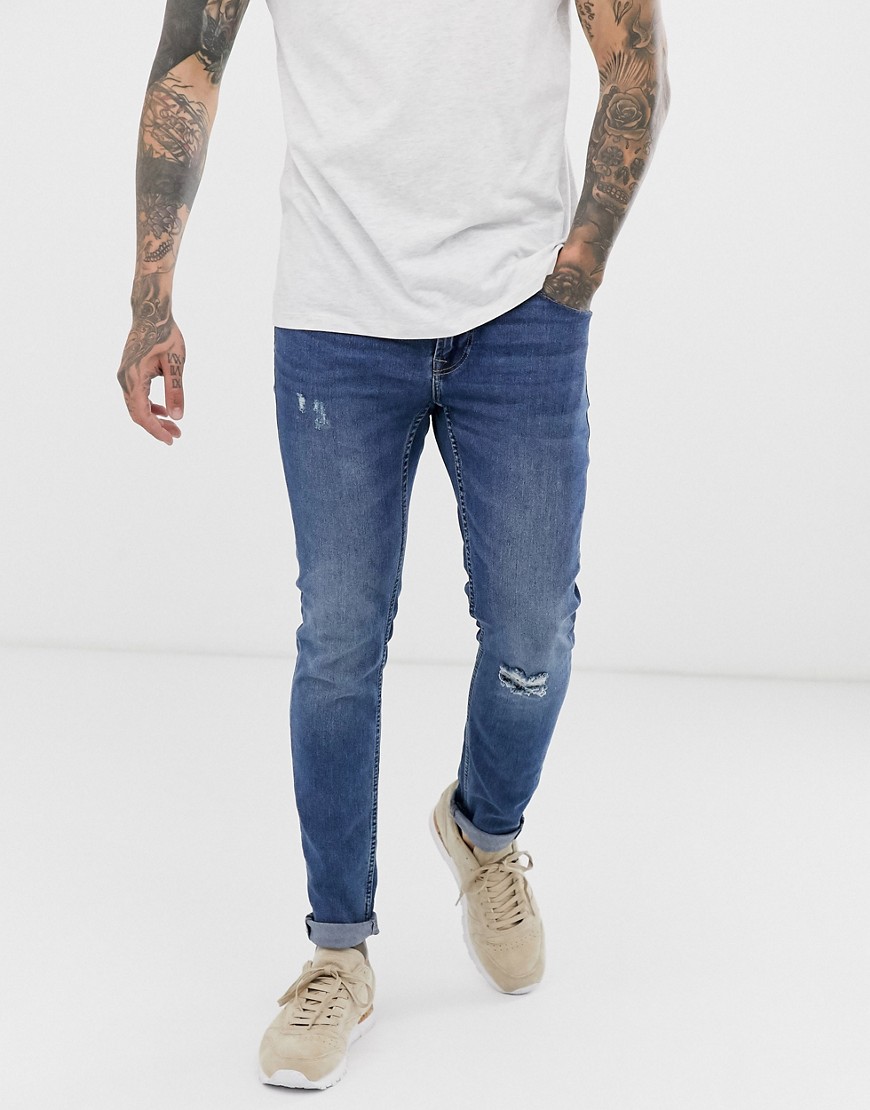 Only & Sons – Mellanblå, tvättade jeans med knäslitningar och extra smal passform