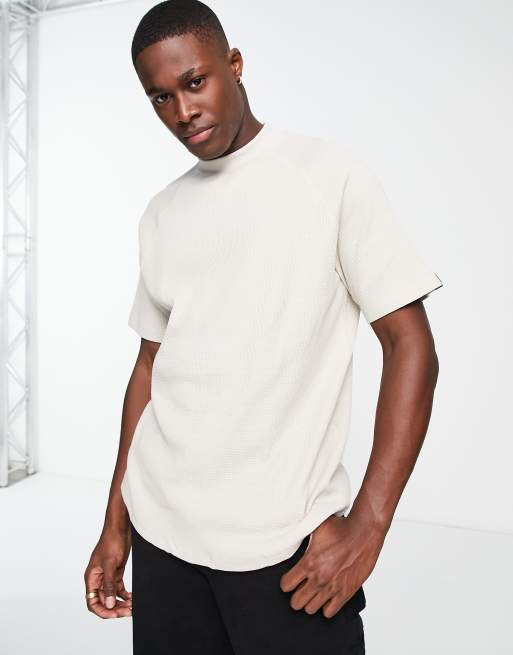 Only & Sons mock neck boxy waffle t-shirt in beige