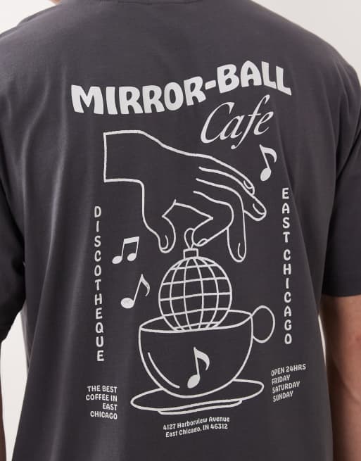 ONLY & SONS – Mörkgrå t-shirt i oversize med spegelvänt cafétryck baktill, 5 av 5
