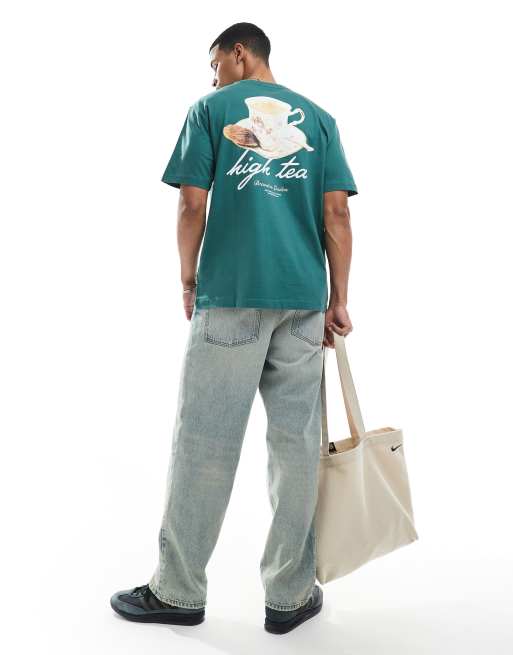 ONLY & SONS – Mörkgrön t-shirt i oversize med tetryck baktill, 4 av 4