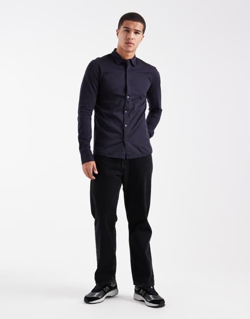 ONLY & SONS - Mørk marineblå skjorte med stretch og lange ærmer i slim fit, 2 af 5