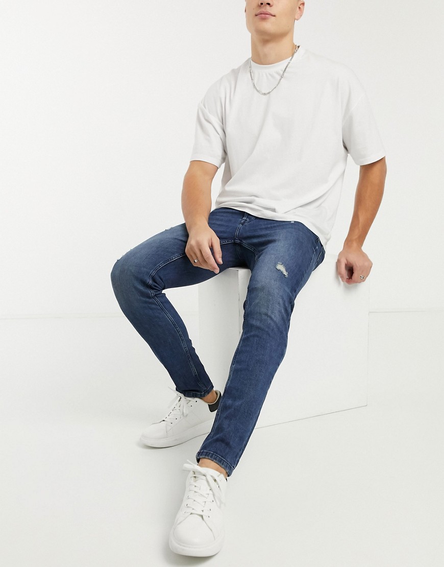 Only & Sons - Mørkeblå slim-jeans med slidmærker