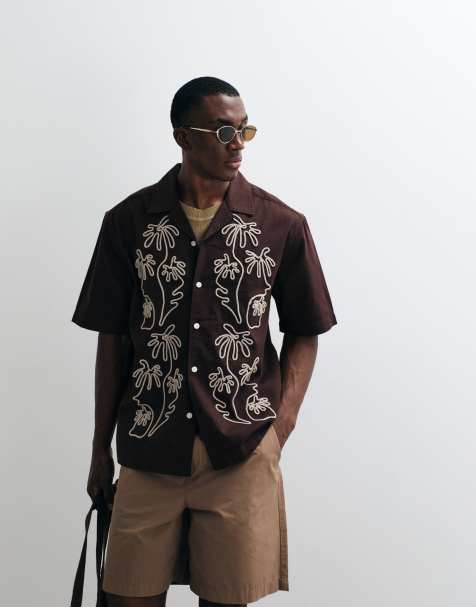 ONLY & SONS - Mørkebrun skjorte med resort-krave og broderi samt afslappet pasform - view 1
