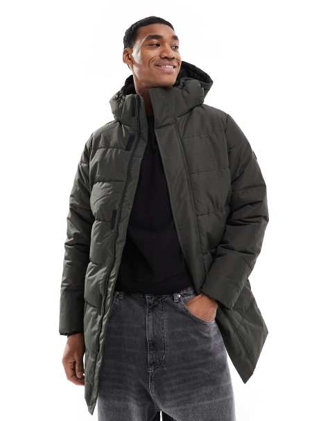 Only & Sons - Mørkegrøn longline-frakke med hætte og vattering - view 1
