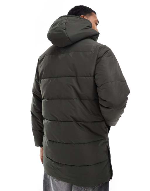 Only & Sons - Mørkegrøn longline-frakke med hætte og vattering, 4 af 4
