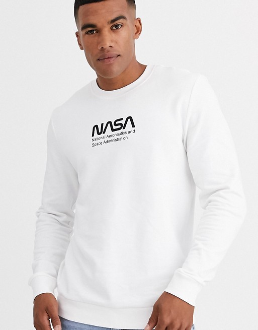 Only & Sons NASA logo crew neck sweat in white