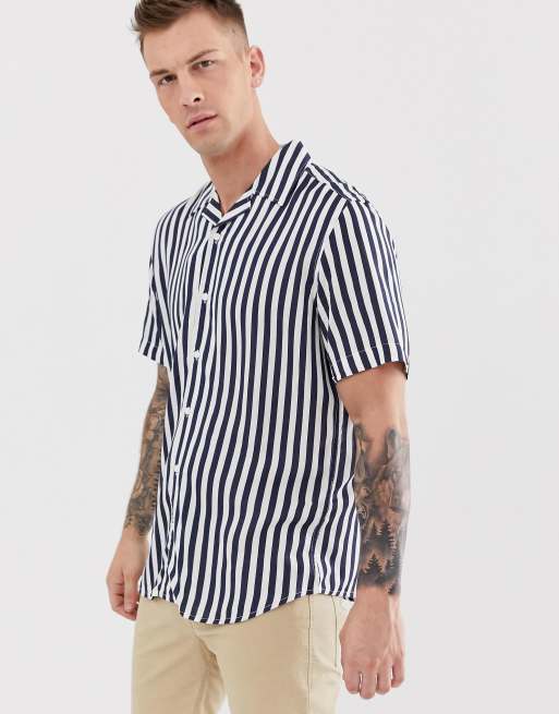 Only & Sons navy stripe revere collar shirt in regular fit | ASOS