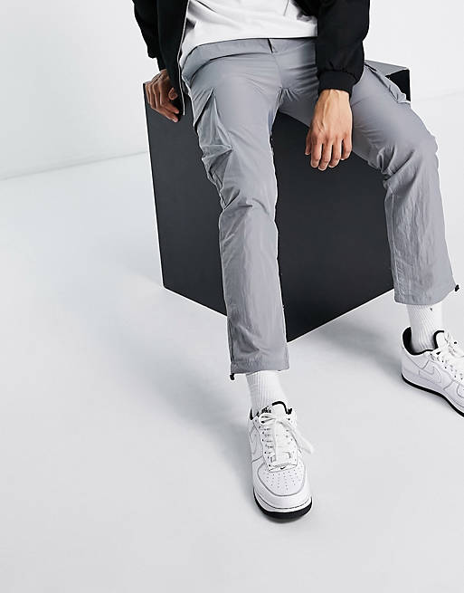  Only & Sons nylon cargo trousers with belt in light grey 