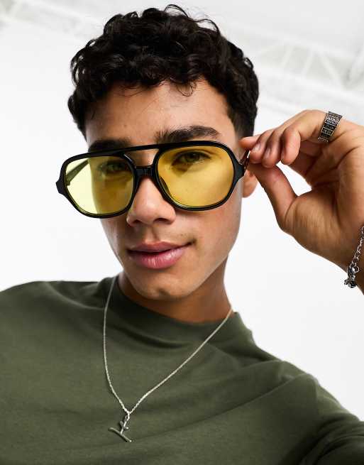 ASOS - Occhiali da sole squadrati neri con lenti gialle