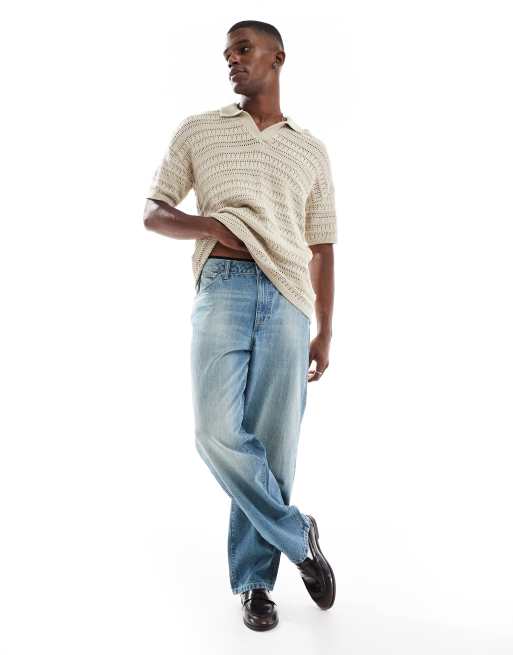 ONLY & SONS - Open gebreide polo met split in de hals en verlaagde schouders in beige, 3 van 4