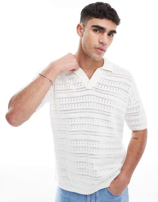 ONLY & SONS - Open gebreide polo met split in de hals in wit