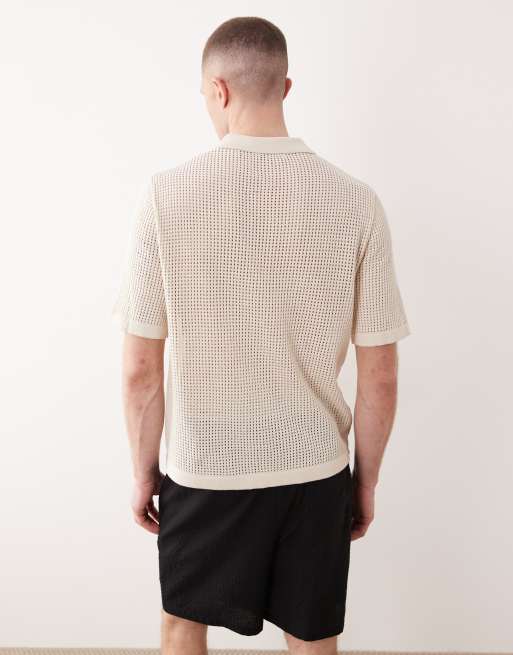 ONLY & SONS open knit crochet shirt with floral embroidery in cream, 2 of 5