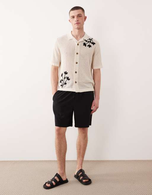 ONLY & SONS open knit crochet shirt with floral embroidery in